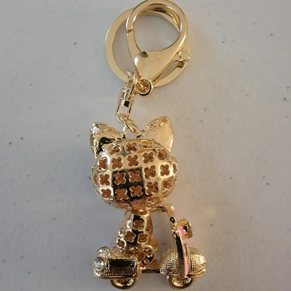 Rhinestone Cat Purse Charm Keychain Pink Crystal Kitty Scooter Handbag Charm - Picture 6 of 6